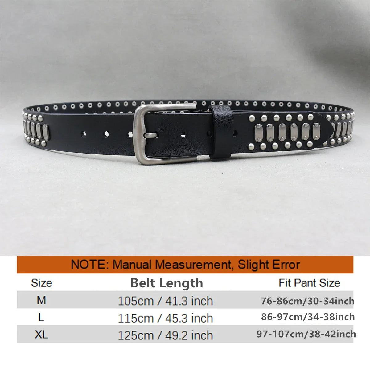 Men’s Designer Rivet Belt – Genuine Cowhide Leather Punk Rock Pin Belt for Jeans, Luxury Black Leather Belt