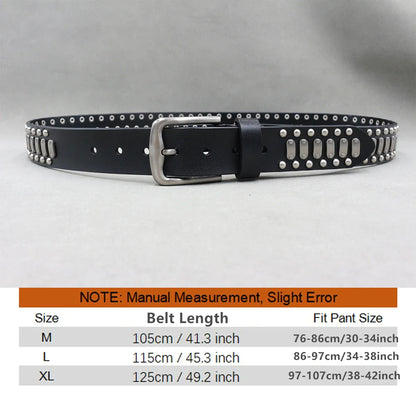 Men’s Designer Rivet Belt – Genuine Cowhide Leather Punk Rock Pin Belt for Jeans, Luxury Black Leather Belt