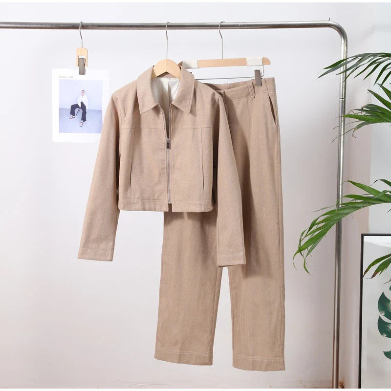 Women’s Cotton Linen Trousers Set — Casual Lapel Crop Top & Straight Pants Streetwear Spring Autumn Outfit