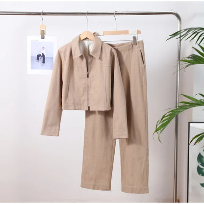 Women’s Cotton Linen Trousers Set — Casual Lapel Crop Top & Straight Pants Streetwear Spring Autumn Outfit