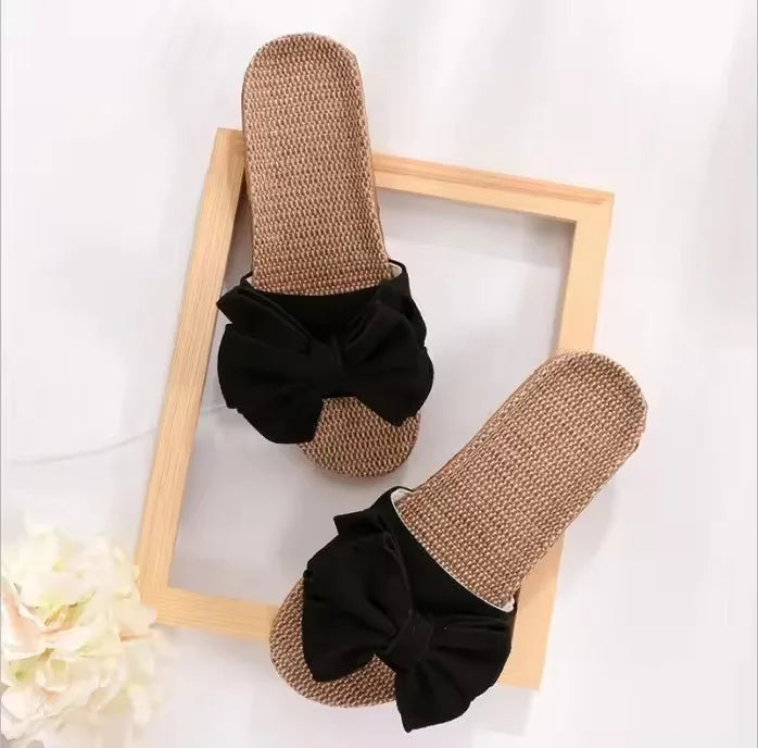 Women’s Bow-Knot Linen Slippers - Cute Soft Indoor Casual Home Flats