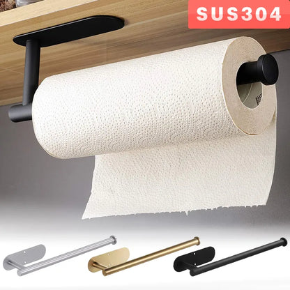 Stainless Steel Adhesive Paper Towel Holder: No-Hole Punch Kitchen & Bathroom Rack - Lengthened Storage for Toilet Roll & Towels