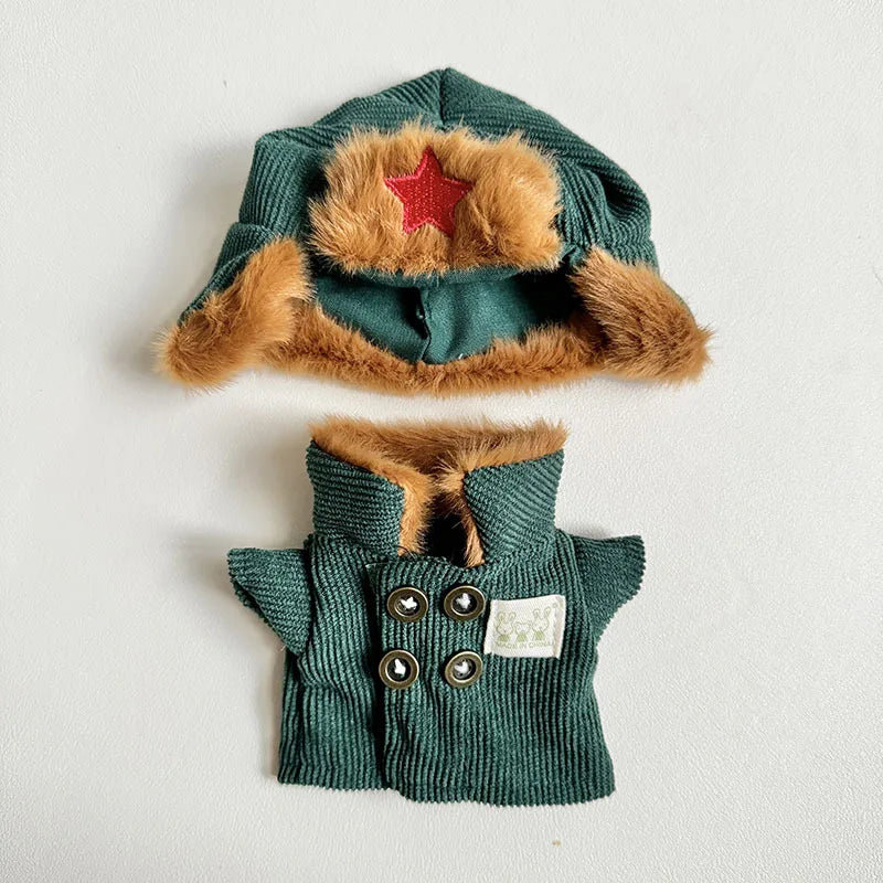 17cm Labubu Monster Doll Clothes – DIY Army Green Coat & Red Star Hat Outfit Accessories