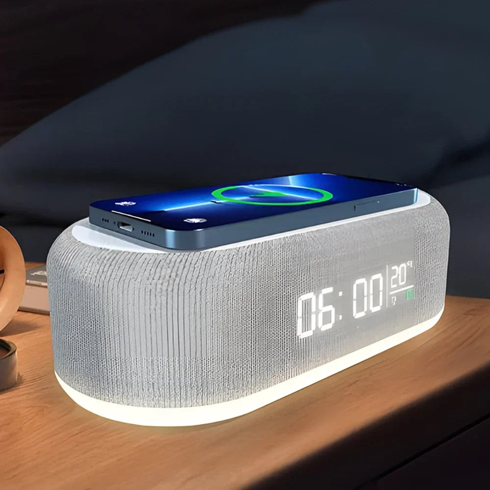 15W Wireless Charging Pad with Alarm Clock, Desktop Lamp and Thermometer - Fast Charging Dock for iPhone and Samsung, Night Light for Bedroom