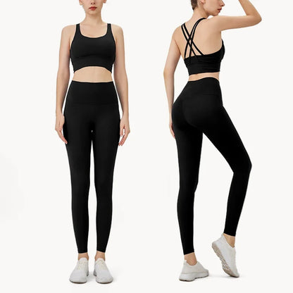Summer 2 Piece Women's Yoga Tracksuit - Cross-Back Nylon Top and Leggings Athletic Set for Pilates and Fitness