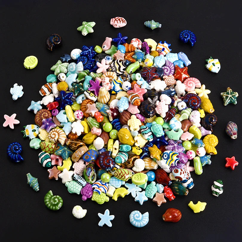10/20/30PCS Colorful Ceramic Animal Beads – 2mm Hole Clownfish, Turtle, Star & Conch Shell for DIY Jewelry, Bracelets & Crafts