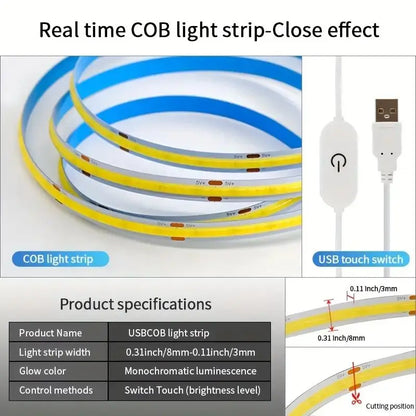 LED COB Light Strip – Flexible USB 5V Touch Dimmer Tape for Indoor Lighting, DIY TV, Mirror Backlight & Wall Decor