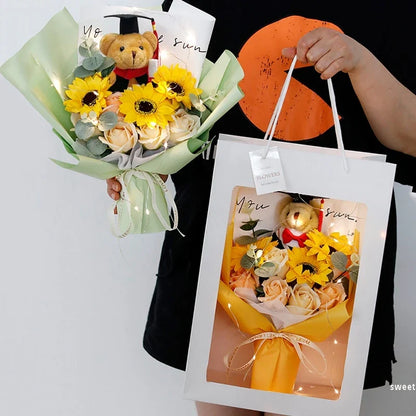 DIY Simulated Flower Bouquet – Crochet Sunflower Finished Product, Graduation, Doctoral, Valentine’s Day & Birthday Gift with Bear