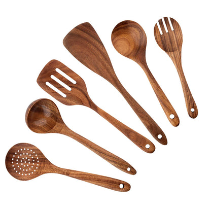 Wood Kitchenware Cooking Set – Spatula, Salad Spoon, Fork & Stirring Spoons with Storage Bucket for Kitchen & Baking