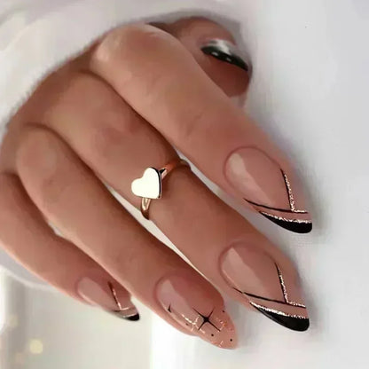 24Pcs French Press On Nails - Almond Fake Nail Tips with Glue, White Edge Design & Pink Stiletto Style Manicure Set