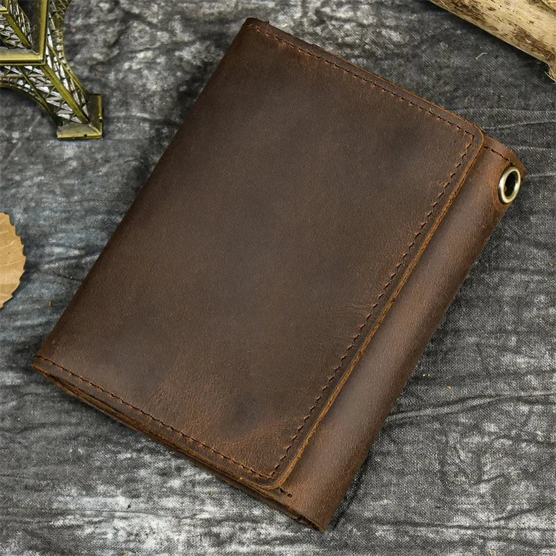 Men's Genuine Leather Short Wallet with Chain – Zipper Clutch, Trifold Purse, Card Holder & Coin Purse for Men