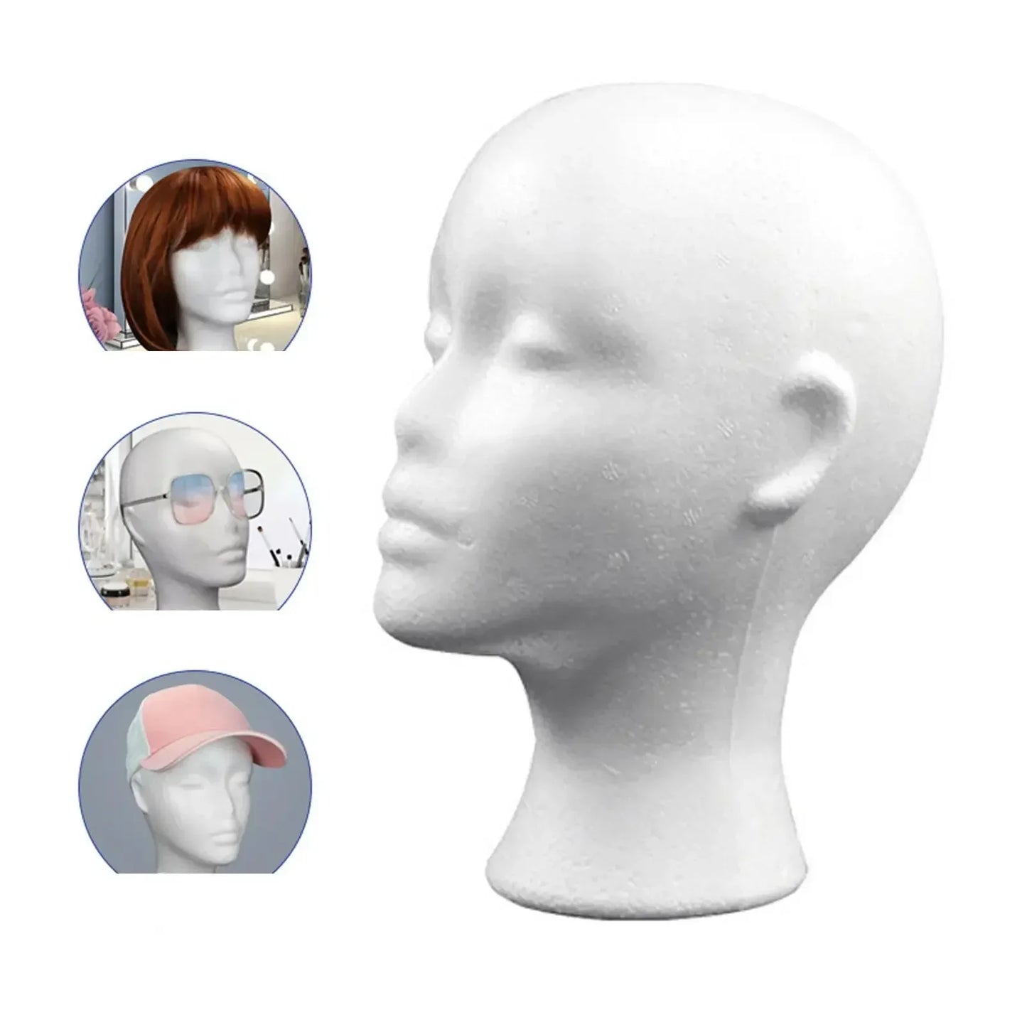 Female Styrofoam Mannequin Head — Foam Wig, Hair & Glasses Display Model