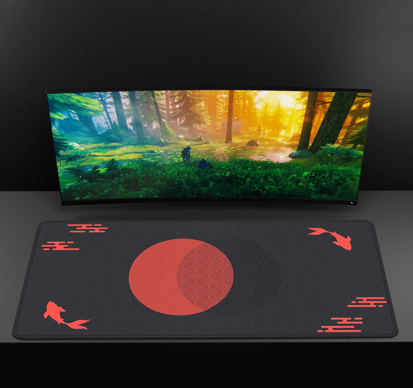 Japanese XXL Desk Mat 90x40 — Black & Red Koi Fish Gaming Mouse Pad, Sunrise Art Rubber Mousepad