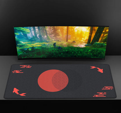 Japanese XXL Desk Mat 90x40 — Black & Red Koi Fish Gaming Mouse Pad, Sunrise Art Rubber Mousepad