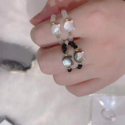 Mini Cat Moonstone Rings Set - Handmade Elastic Natural Obsidian Beaded Couple Rings for Men & Women Jewelry Gift