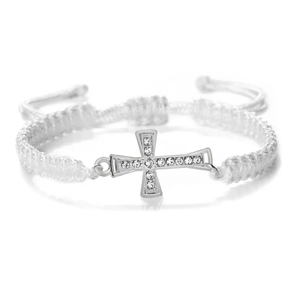 Crystal Cross Pendant Bracelet - Red & Black Braided Prayer Rope Jewelry Gift for Men & Women