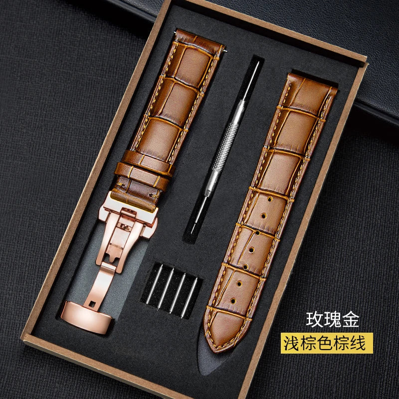 Genuine Leather Watch Strap with Wooden Box – Butterfly Clasp Bracelet 18-24mm Wristband