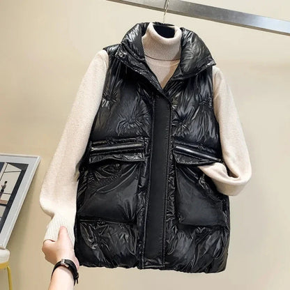 Women's Sleeveless Puffer Vest - Short Bright-Finish Winter Down Cotton Waistcoat Jacket