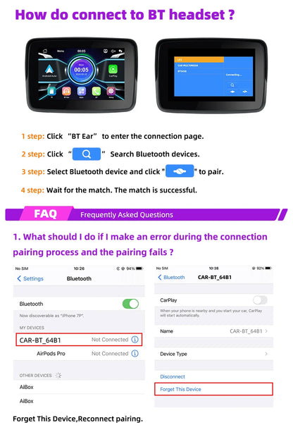 EVKEY MTC13 Motorcycle Navigation Display - Waterproof CarPlay Screen, Portable Wireless Monitor with Android Auto