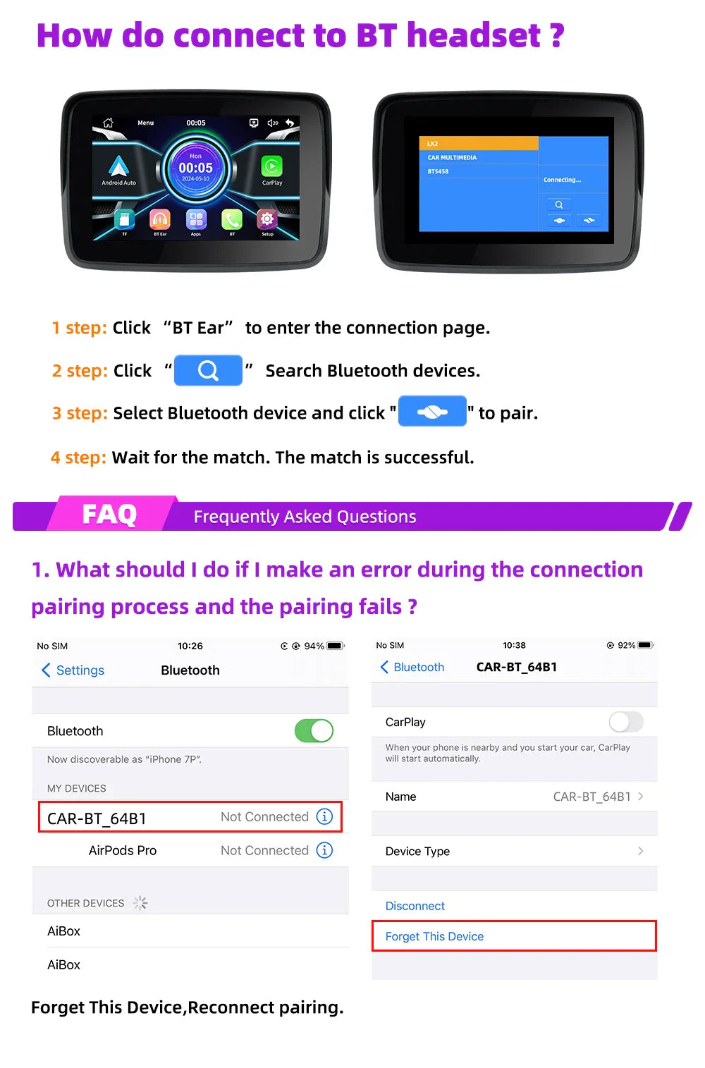 EKIY MTC-10 5” Wireless CarPlay Motorcycle Navigation Display – Portable Android Auto Monitor