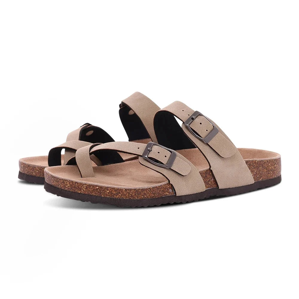 Comwarm Men's Cork Footbed Slide Sandals - Arch Support, Adjustable Buckle & Leather Summer Casual Slides