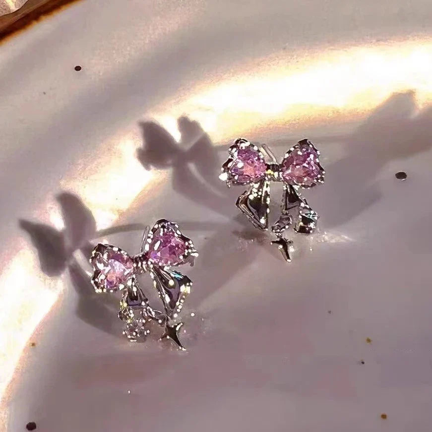 Y2K Bowknot Zircon Stud Earrings - Pink Crystal Silver-Tone Party Jewelry for Women