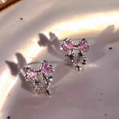 Y2K Bowknot Zircon Stud Earrings - Pink Crystal Silver-Tone Party Jewelry for Women