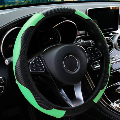 PU Carbon Fiber Leather Steering Wheel Cover — No Inner Ring, Fits 14.5-15 Inch Cars