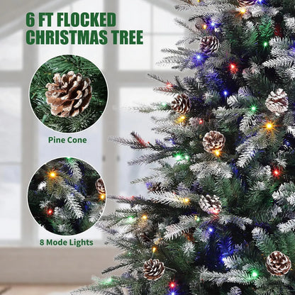 Pre-Lit Snow Flocked Christmas Tree with LED Lights & Pine Cones — 6ft/7.5ft/9ft Artificial Holiday Tree for Home Decor
