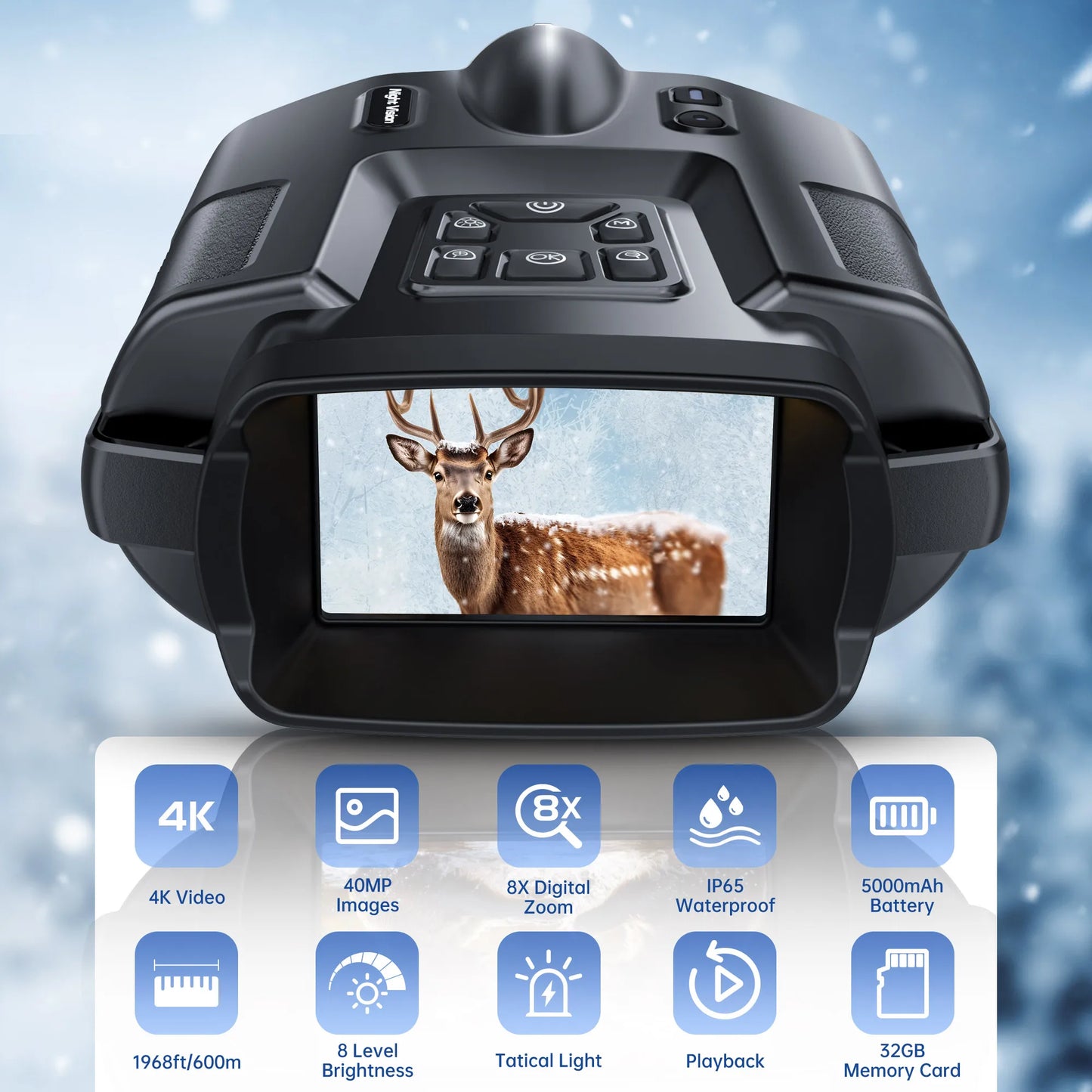 4K Night Vision Binoculars with 3" Screen – 8X Digital Zoom, Infrared Goggles, Tactical Light, 5000mAh Rechargeable