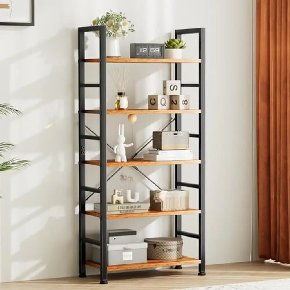 5 Tier Adjustable Bookshelf Organizer - Modern Wood & Metal Storage for Books, CDs, Movies, Garage Kits (23.62” x 11.81” x 62.2”)