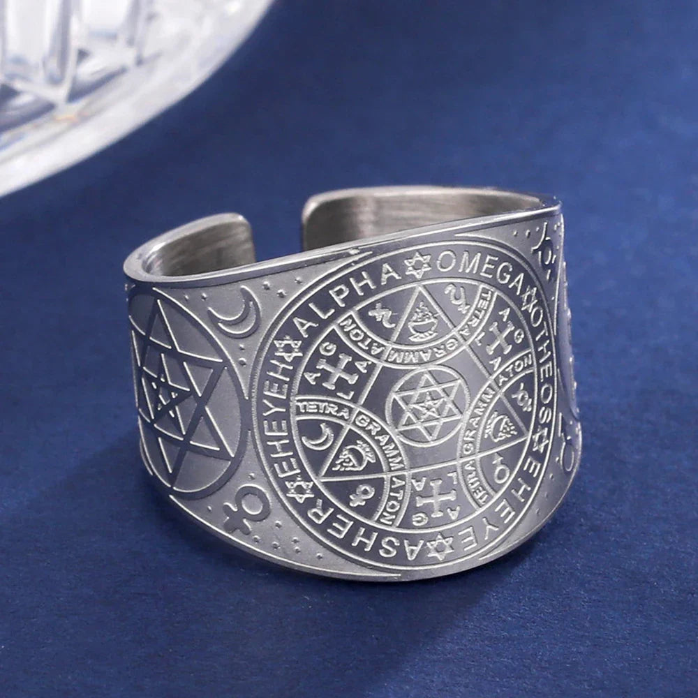 Witchcraft Pentagram Tetragrammaton Ring - Stainless Steel Pentacle Protection Amulet Ring for Men