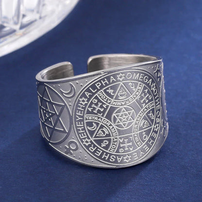 Witchcraft Pentagram Tetragrammaton Ring - Stainless Steel Pentacle Protection Amulet Ring for Men