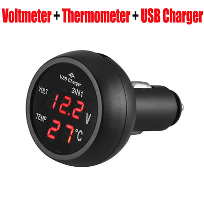 3-in-1 Car Charger & Voltmeter – 12/24V USB Charger with Thermometer, LED Digital Display & Current/Volt Detector