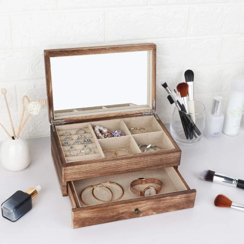 Vintage Solid Wood Jewelry Box – Two-Layer Necklace & Earring Display with Mirror