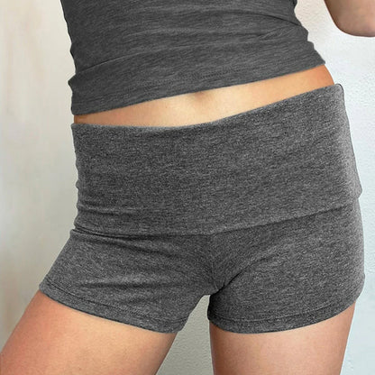 Summer Women’s Slim Solid Color Yoga Shorts — Casual Fold-Over Low Waist Lounge Shorts