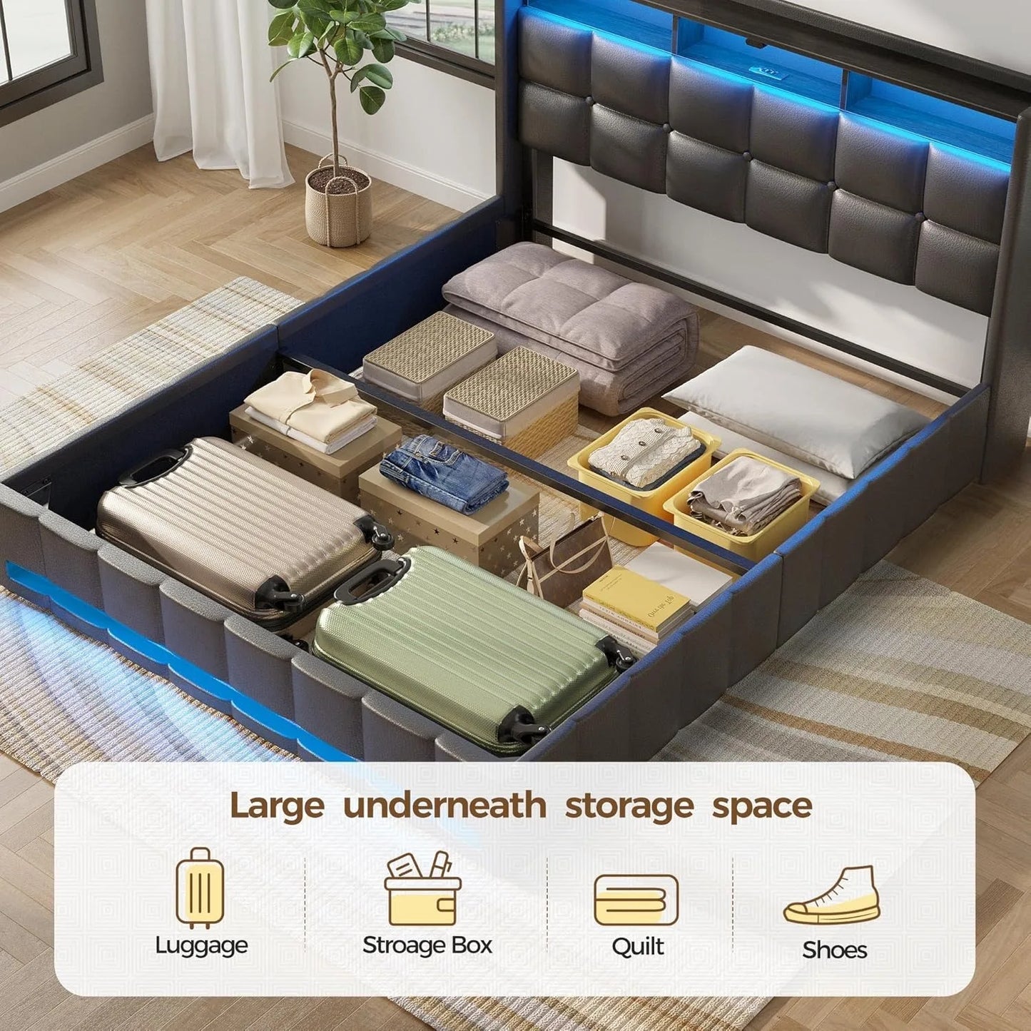 Twin Size Bed Frame with Lift-Up Storage – Charging Station, LED Lights & Upholstered Headboard, Heavy Duty Wooden Slats