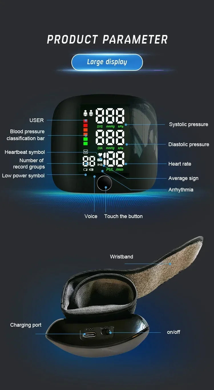 LED Rechargeable Wrist Blood Pressure Monitor – English, Russian, Portuguese, Spanish Voice Broadcast Tonometer