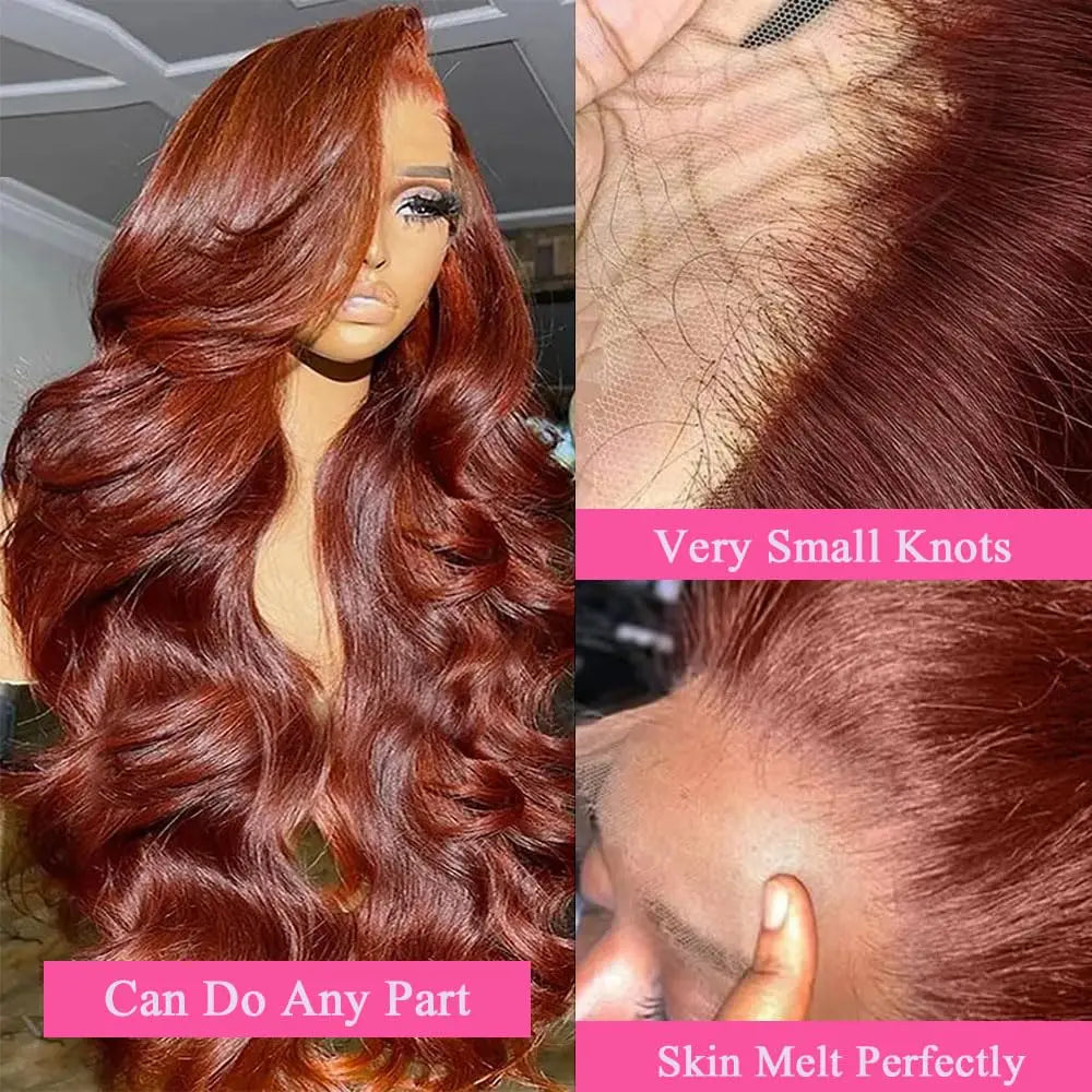 Reddish Brown 13x6 Lace Front Wig – Pre-Plucked 180% Density Body Wave, Auburn Colored Human Hair Lace Frontal Wig