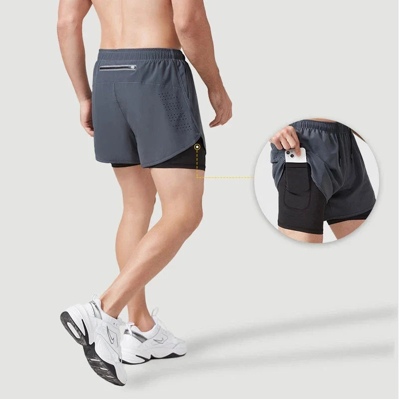 Men’s Quick-Dry Running Shorts — Black Double Layer Sport Workout Training Bodybuilding Shorts