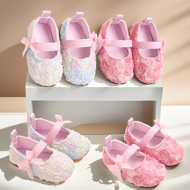 Baby Girl Rose Walk Shoes - Chiffon Rose Dress Shoes & Soft Casual Footwear for 0–1 Year