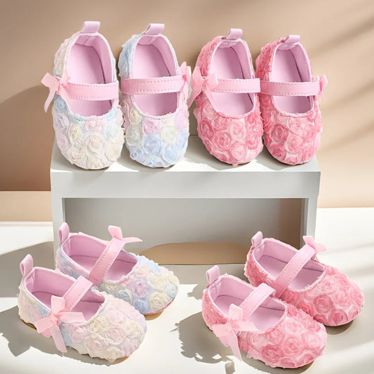 Baby Girl Rose Walk Shoes - Chiffon Rose Dress Shoes & Soft Casual Footwear for 0–1 Year
