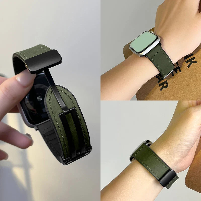 Leather Strap for Apple Watch – Compatible with Series 5-10, Ultra, SE, 40-49mm, Men’s Silicone & Leather iWatch Band