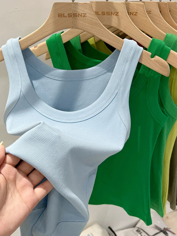 Women’s Ribbed Tank Top Camisole – Solid Color Round Neck Elastic O-Neck Basic Summer Sleeveless Top