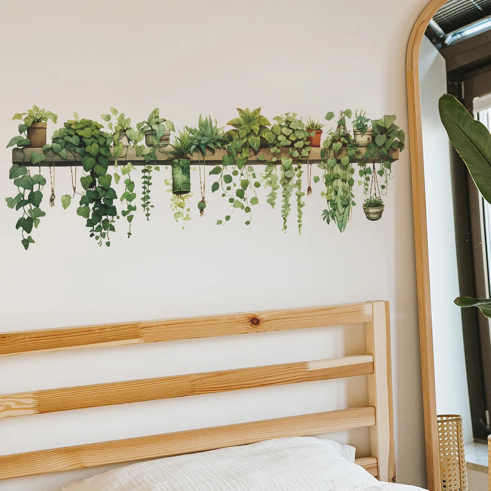 Green Leaves Plant Branch Wall Stickers – PVC Mural Art Decals for Bedroom, Living Room, and Home Wall Decoration