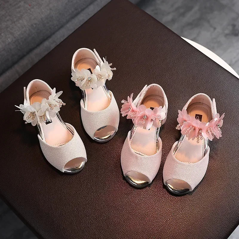 Girls Rhinestone Flower Sandals - Soft Sole Princess Dance Shoes for Kids