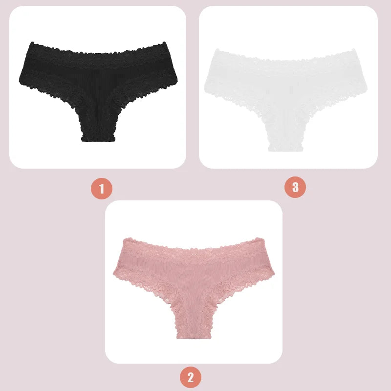 3PCS Lace Seamless Cotton Panties - Ribbed Brazilian Low Waist, Breathable Women’s Underwear, Plus Size Lingerie