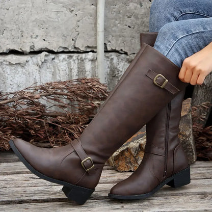 Women’s Winter High-Top Knight Boots – Side Zipper & Belt Buckle, Pointed Toe, PU Material with Cotton Lining