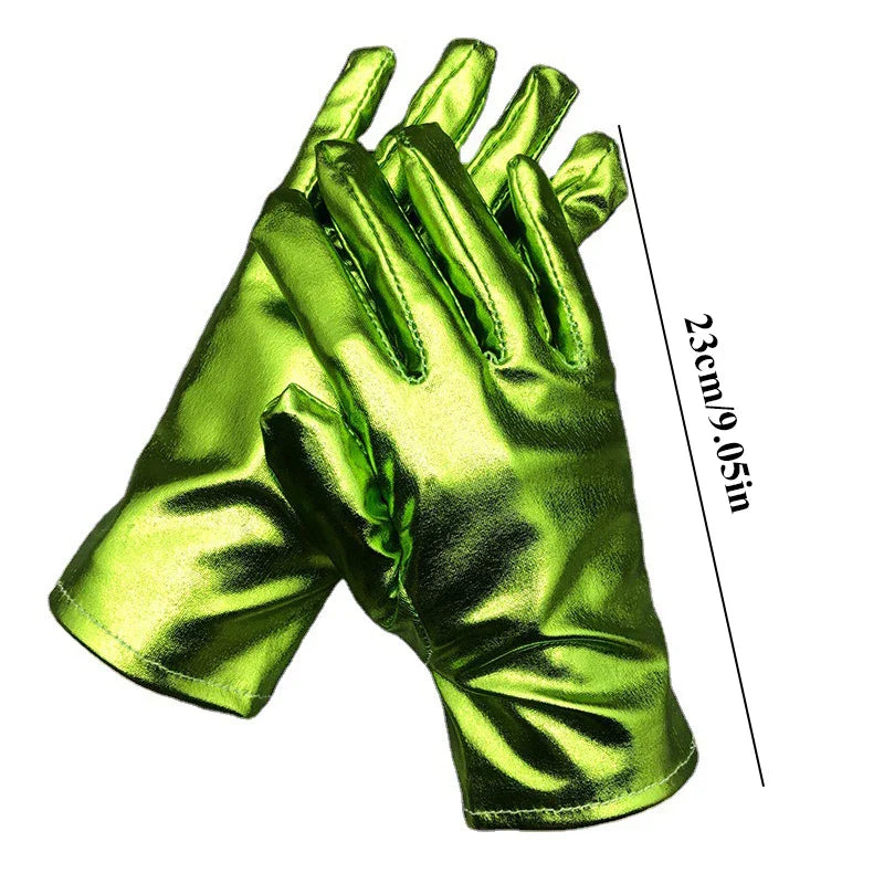 Gold Silver Metallic Faux Leather Short Gloves – Sexy Wet Look Party, Evening & Performance Mittens Handwear