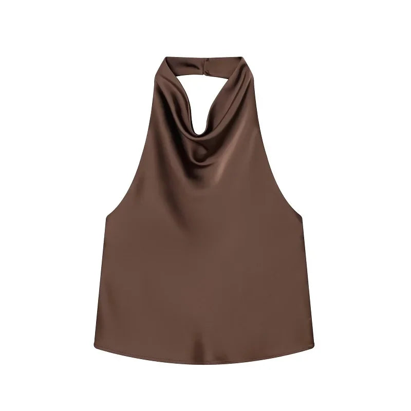 Women's Satin Halter Backless Camisole Top – Off Shoulder Summer Beach Tank Blouse